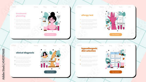 Allergist web banner or landing page set. Allergy symptom examination,