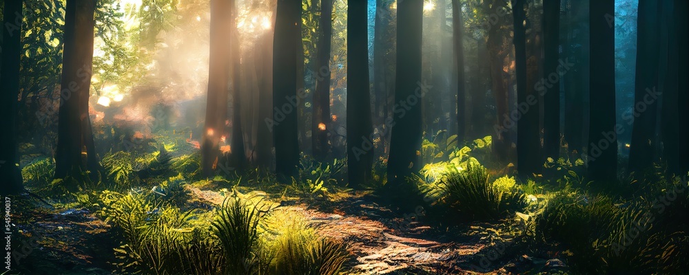 Dreamy summer background with a forest landscape. Trees during the summer season with warm sunlight. Beautiful nature scene 3d render.