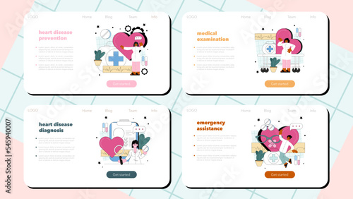 Cardiologist web banner or landing page set. Idea of heart medical diagnostic