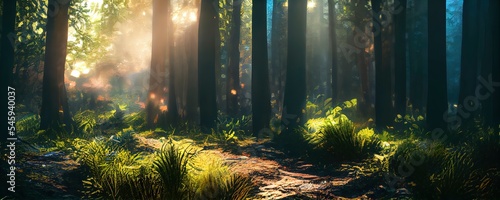 Dreamy summer background with a forest landscape. Trees during the summer season with warm sunlight. Beautiful nature scene 3d render.