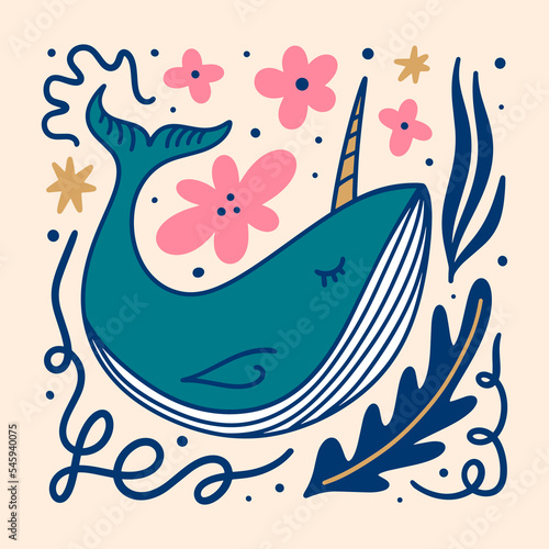 Flat doodle cartoon blue fairytale magic unicorn whale, narwhal hand drawn vector illustration isolated on color background. Sea and ocean character, aquatic marine life art. Floral childish collage