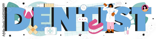 Dentist typographic header. Dental doctor in uniform treating human