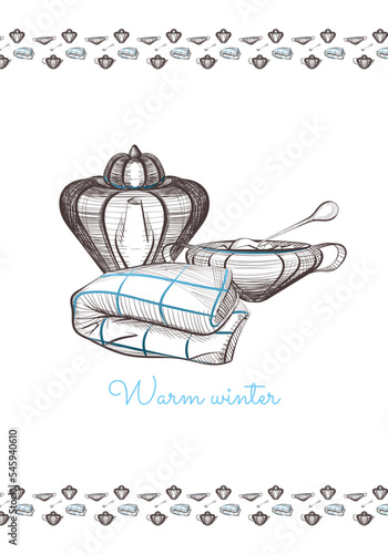 Winter greeting card with teapot, sugar bowl, blanket and frame. Printing of greeting cards
