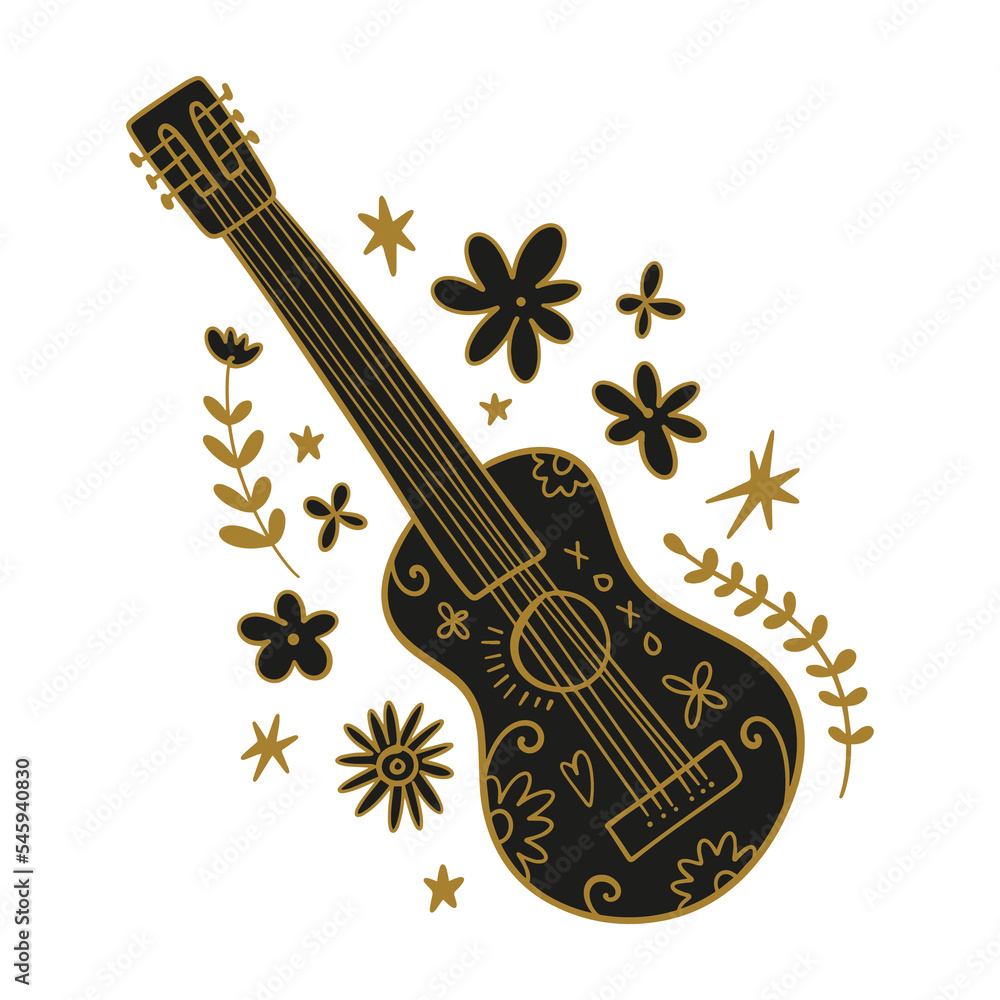 Acoustic ornate folk girly guitar with flowers, doodle funky flat vector  art on white background, groovy hippie or country festival clipart  illustration. Editable isolated details. Unique music print Stock Vector
