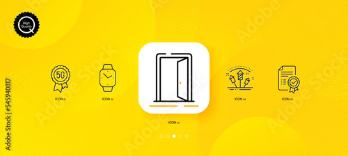 Certificate, Open door and Fireworks rocket minimal line icons. Yellow abstract background. Smartwatch, 5g technology icons. For web, application, printing. Vector