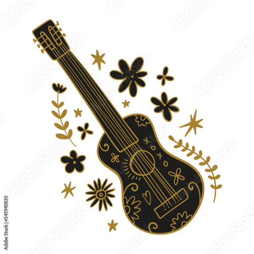 Acoustic ornate folk girly guitar with flowers, doodle funky flat vector art on white background, groovy hippie or country festival clipart illustration. Editable isolated details. Unique music print