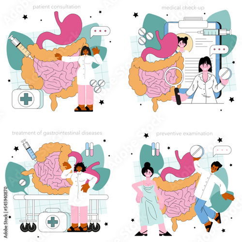 Gastroenterology doctor set. Colon and stomach desease treatment.