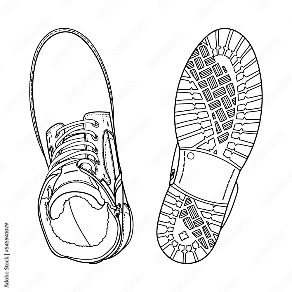 Hand drawn sole of boots shoes and boots top view. Doodle vector ...