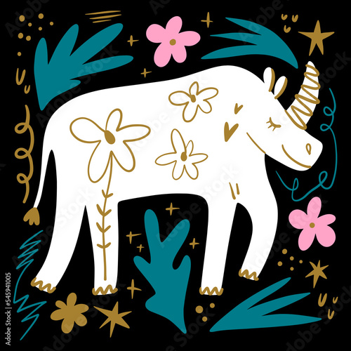 Doodle funky vector white rhino art on color background, cartoon clipart. Rare African adorable kind animal. Friendly rhinoceros character drawing. Editable isolated details. Baby childish style