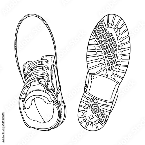 Hand drawn sole of boots shoes and boots top view. Doodle vector illustration. Bottom view.