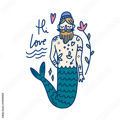 Mermaid funny doodle hipster boy. Adorable tattooed man with flower gift. Valentines day concept. Vector clipart illustration isolated on white background.