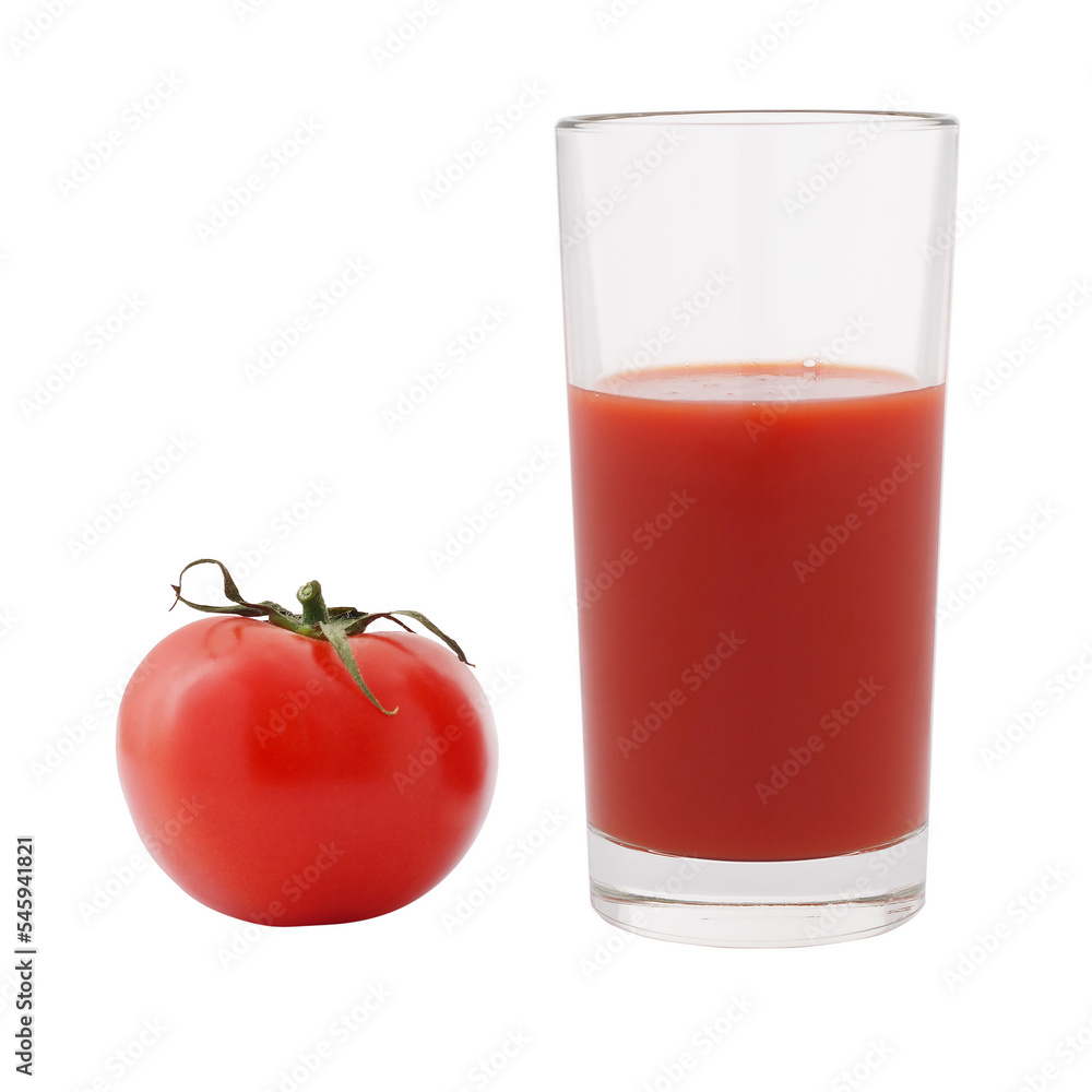 Tomato and glass of tomato juice isolated on white Tomato and glass of tomato juice isolated on white