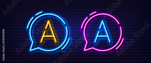 Initial letter A icon. Neon light line effect. Line typography character sign. Large first font letter. Glowing neon light speech bubble. Letter A glow 3d line. Brick wall banner. Vector