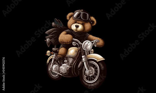 Teddy bear in a dark T-shirt rides a motorcycle vector illustration