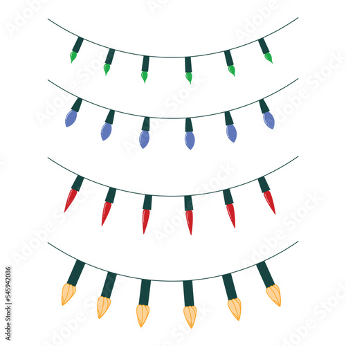 Set of doodle garland. Christmas lights. Holiday festive xmas decoration. Colorful string fairy light set. Lightbulb glowing garland. Flat design. White background. Isolated. Vector illustrtion