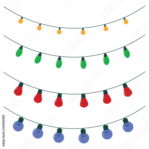 Set of doodle garland. Christmas lights. Holiday festive xmas decoration. Colorful string fairy light set. Lightbulb glowing garland. Flat design. White background. Isolated. Vector illustrtion