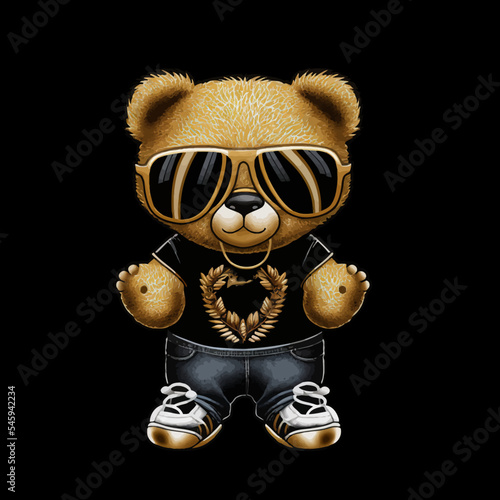 Bear in sunglasses wearing a black T-shirt, jeans and sneakers vector illustration