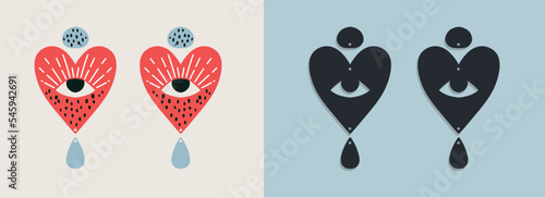 Modern hippie Earrings template with heart shape for Laser cut wooden. Vector isolated silhouette