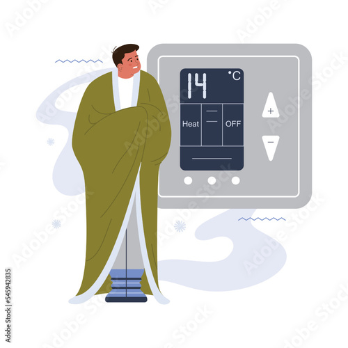 Characters freezing at home. People wrapped in blanket or warm