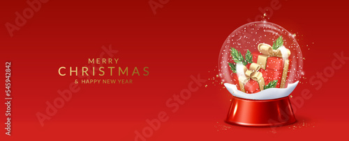 Christmas and New Year greeting card with transparent snow globe with gifts.