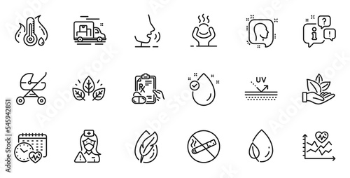 Outline set of Fever temperature, Difficult stress and Cardio training line icons for web application. Talk, information, delivery truck outline icon. Vector