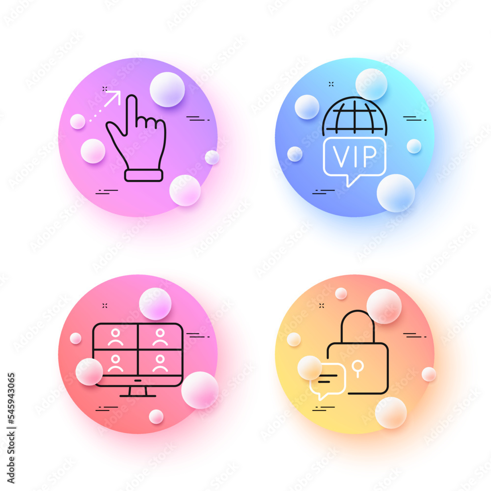 Touchscreen gesture, Vip internet and Video conference minimal line icons. 3d spheres or balls buttons. Lock icons. For web, application, printing. Swipe, Exclusive privilege, Team training. Vector Touchscreen gesture, Vip internet and Video conference minimal line icons. 3d spheres or balls buttons. Lock icons. For web, application, printing. Swipe, Exclusive privilege, Team training. Vector