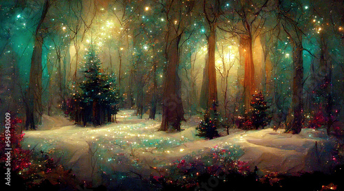 Amazing Christmas forest. AI render.