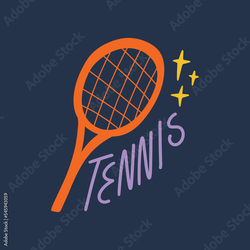 Tennis sports racquet equipment flat doodle vector tools and lettering. Girl cartoon drawing isolated on color background. Editable isolated details. Baby childish groovy style Illustration, unique