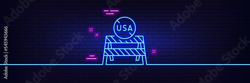 Neon light glow effect. USA close borders line icon. Coronavirus Covid-19 pandemic sign. Travel restrictions symbol. 3d line neon glow icon. Brick wall banner. USA close borders outline. Vector