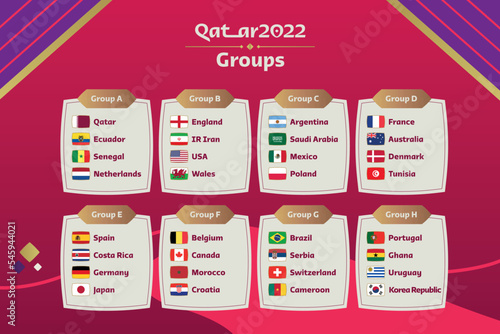 World Cup Qatar 2022 group stage official graphic template. Flags of the countries participating set. Vector illustration.