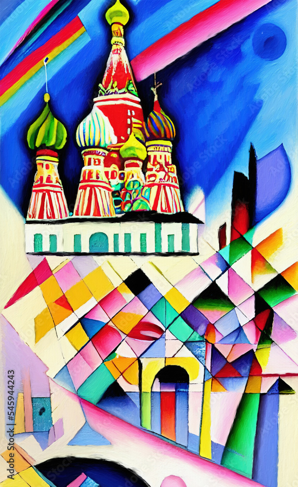 Historical center of Moskow city, Russia. Old architecture, red square. Cubism style digital artwork, modern art