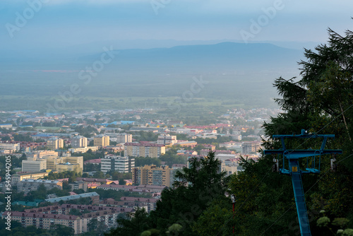 aerial cityscape, top view of Yuzhno-Sakhalinsk from Mount Bolshevik