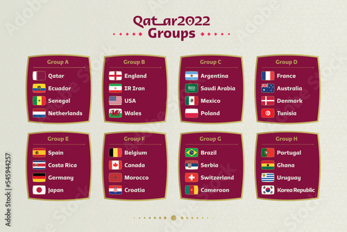World Cup Qatar 2022 group stage official graphic template. Flags of the countries participating set. Vector illustration.