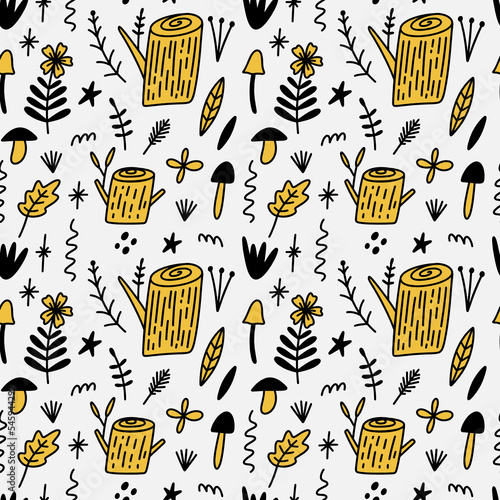 Hand drawn nature meadow wood forester seamless pattern. Woodland elements included plants, mushrooms, flowers, different herbs, tree stumps, flowers and more botanical things. Forest vector
