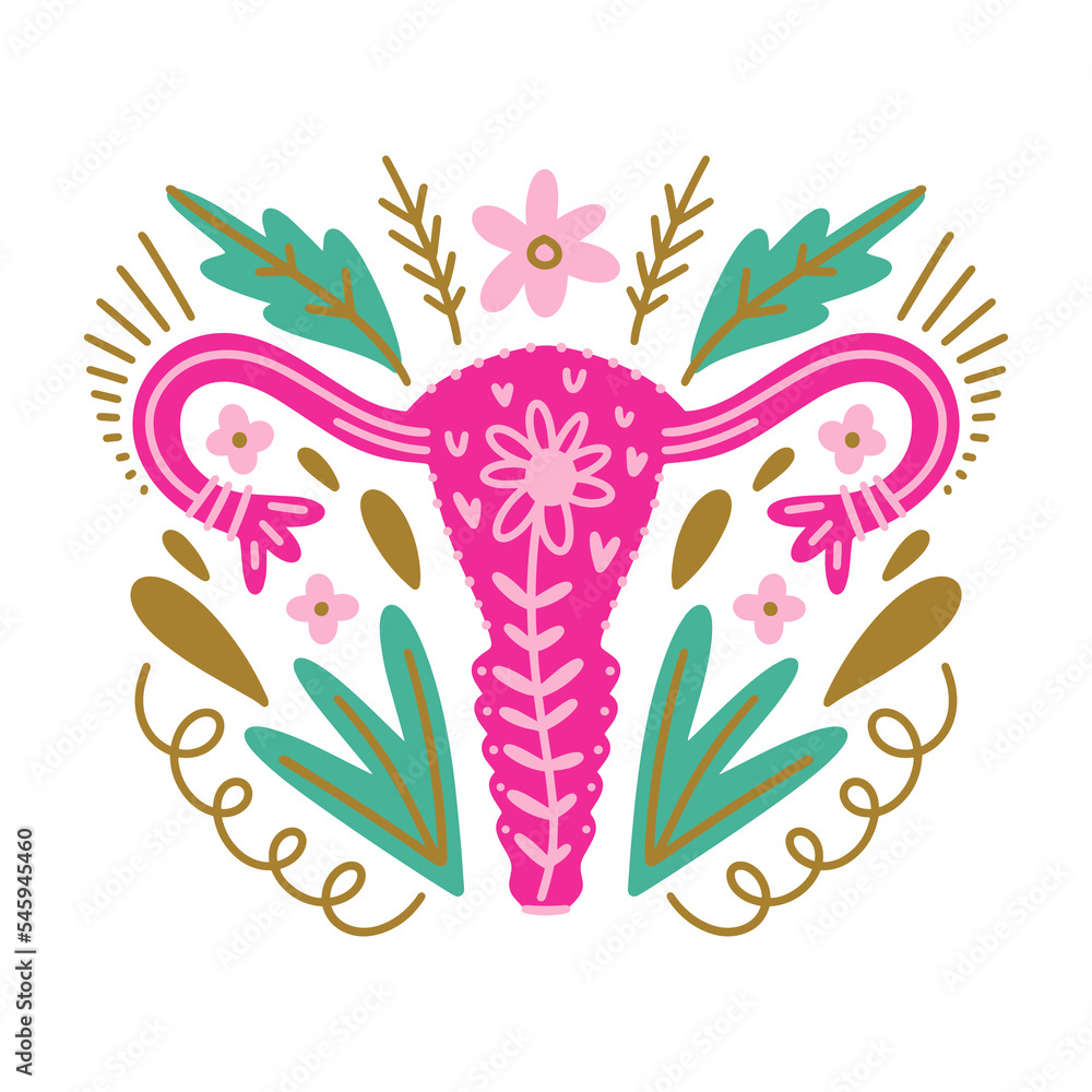 Naklejka premium Woman blossom reproductive system anatomy, flat vector clipart banner template isolated on white background. Beautiful magic women sacred cycle concept. Flowers and floral decor elements.