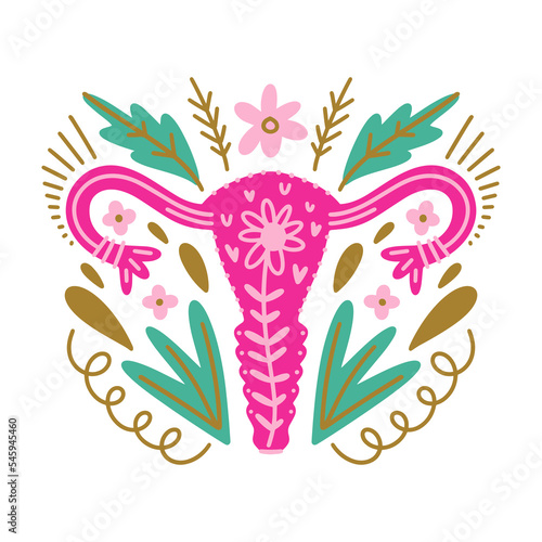 Woman blossom reproductive system anatomy, flat vector clipart banner template isolated on white background. Beautiful magic women sacred cycle concept. Flowers and floral decor elements.