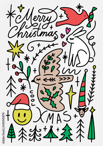 Doodle Christmas and New Year doodle characters in childish groovy Scandinavian style on color background. Noel winter festive elements. Bird  rabbit or bunny  Santa Claus hat  gift sock  different
