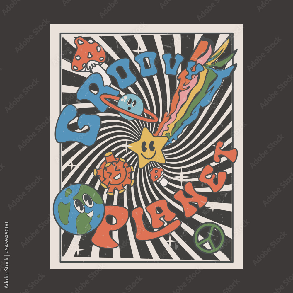groovy poster of the 90s. Cartoon psychedelic style. Bright hippie and retro elements. UFO, sun rays, space, bad trip. Vector collection of banners	