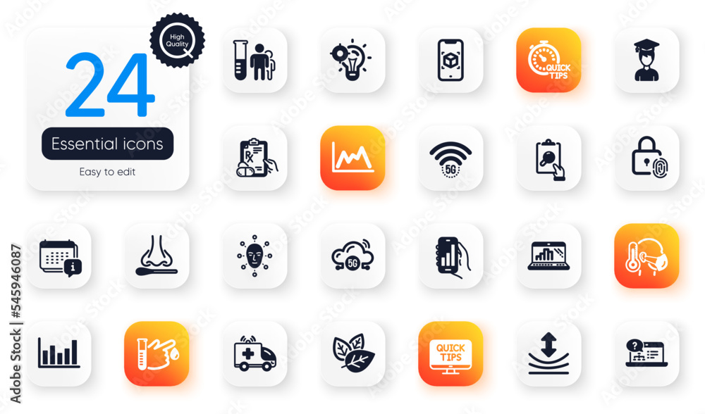 Set of Science flat icons. Resilience, Organic tested and Inspect elements for web application. Augmented reality, Quick tips, Face biometrics icons. Blood donation, Column chart. Vector Set of Science flat icons. Resilience, Organic tested and Inspect elements for web application. Augmented reality, Quick tips, Face biometrics icons. Blood donation, Column chart. Vector