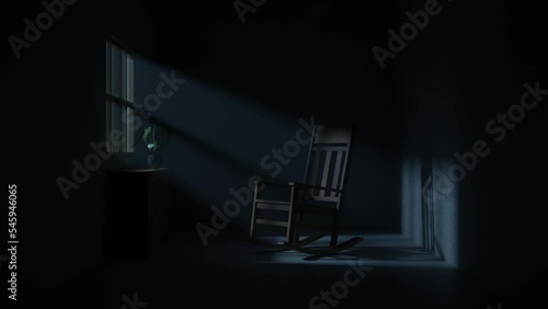 Dark scene Room at night. rocking chair animation. 3d rendering.