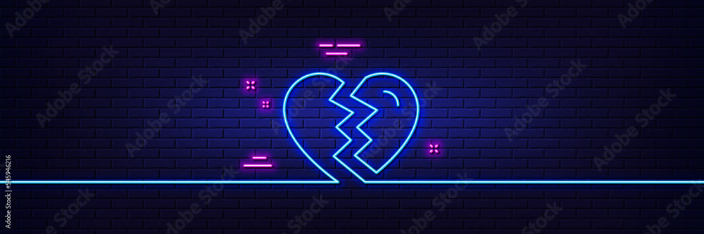 Neon light glow effect. Break up Love line icon. Divorce sign. Valentines day symbol. 3d line neon glow icon. Brick wall banner. Break up outline. Vector