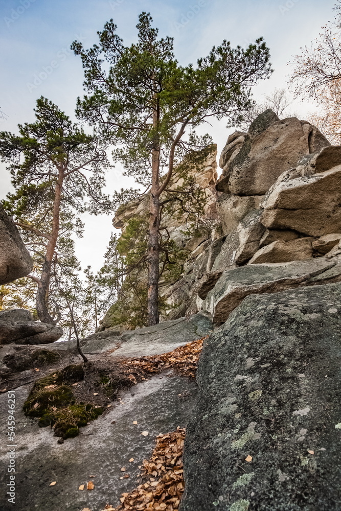 Autumn landscape with trees and rocks on top of a mountain against the sky