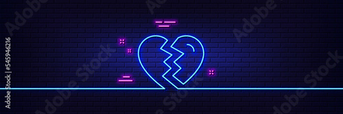 Neon light glow effect. Break up Love line icon. Divorce sign. Valentines day symbol. 3d line neon glow icon. Brick wall banner. Break up outline. Vector