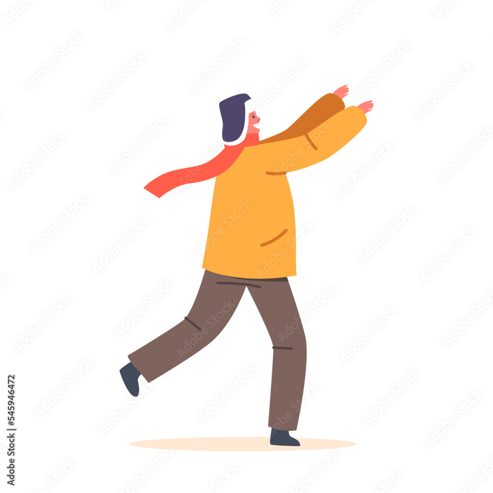 Happy Kid Fooling and Playing Outdoors. Little Child Boy Wear Warm Clothes, Hat and Scarf Laugh and Run Happy Kid Fooling and Playing Outdoors. Little Child Boy Wear Warm Clothes, Hat and Scarf Laugh and Run