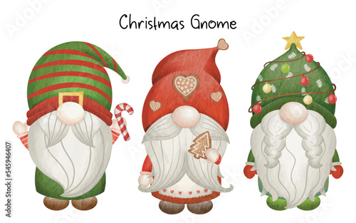 Collection Christmas Gnome - Merry Christmas. Hand drawn vector illustration watercolor cute gnome banner design. Xmas design for holidays decoration, greeting cards, gift tags, t-shirt print.
