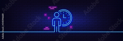 Neon light glow effect. Person waiting line icon. Service time sign. Clock symbol. 3d line neon glow icon. Brick wall banner. Waiting outline. Vector