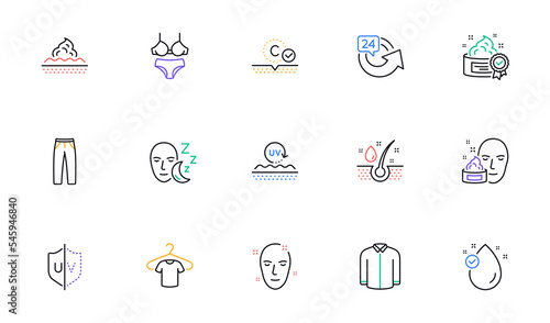 Lingerie, Uv protection and Health skin line icons for website, printing. Collection of 24 hours, Pants, Skin care icons. Vitamin e, Sleep, T-shirt web elements. Uv protection, Face creamShirt. Vector
