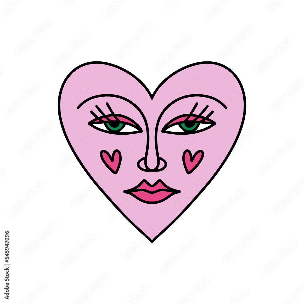 Bizarre Valentines day heart modern abstract face. Groovy emoji shape. Funky hippie mad weird 60s 70s sixties retro cartoon doodle style trendy fashion art. Illustration isolated on white background