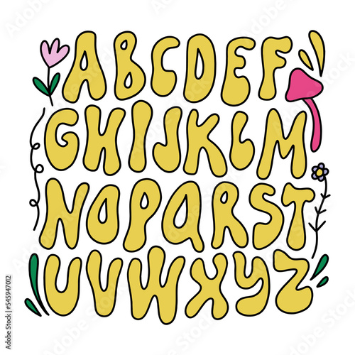 Hippie bohemian liquid groovy modern funky font alphabet 1960s with mushroom and flowers characters in boho psychedelic style. Perfect for posters, collages, clothing, music albums, custom t shirt