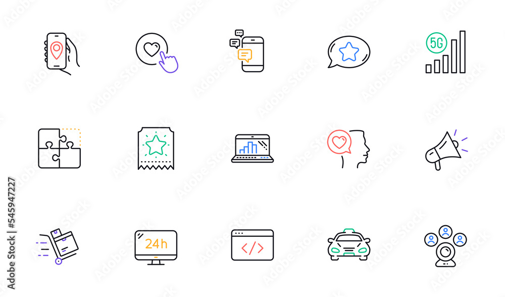 Video conference, Megaphone and 24h service line icons for website, printing. Collection of Like button, Communication, Taxi icons. Seo script, Location app, Puzzle web elements. Vector Video conference, Megaphone and 24h service line icons for website, printing. Collection of Like button, Communication, Taxi icons. Seo script, Location app, Puzzle web elements. Vector